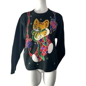 B.P. Design Christmas Sweater Beaded Kitten & Stocking Size Large